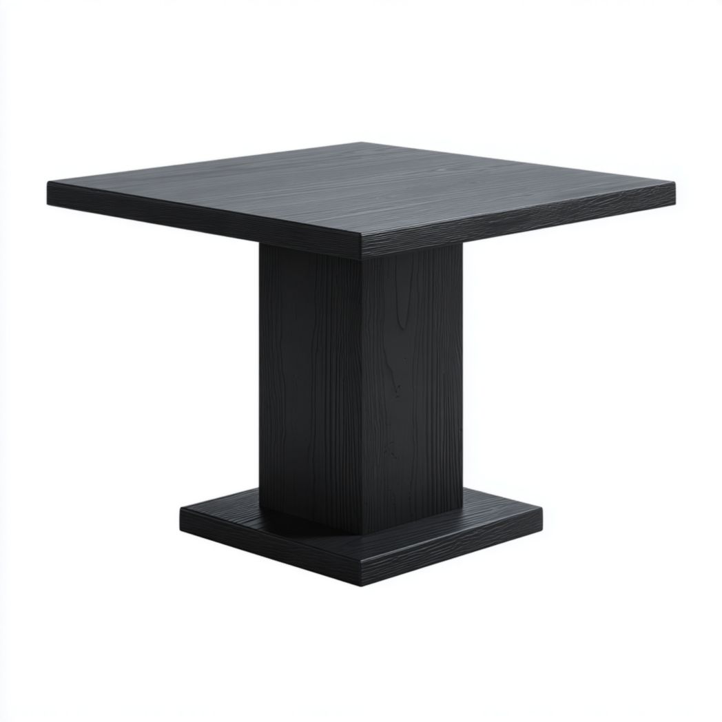 Table à manger carrée noire, piètement central en panneaux bois