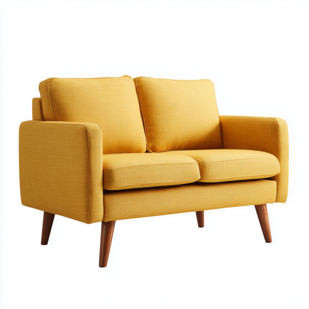 Canapé 2 places en tissu jaune, pieds en bois couleur naturelle