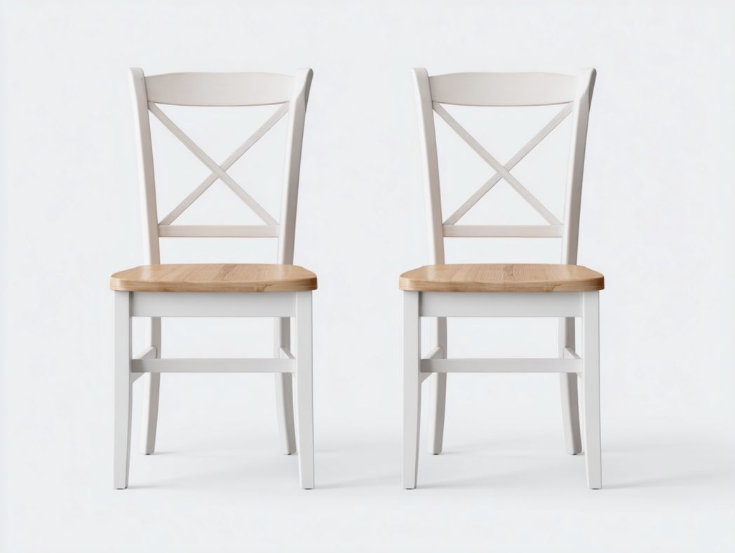 Lot de 2 chaises en bois blanc, dossier croisé assise couleur bois naturel