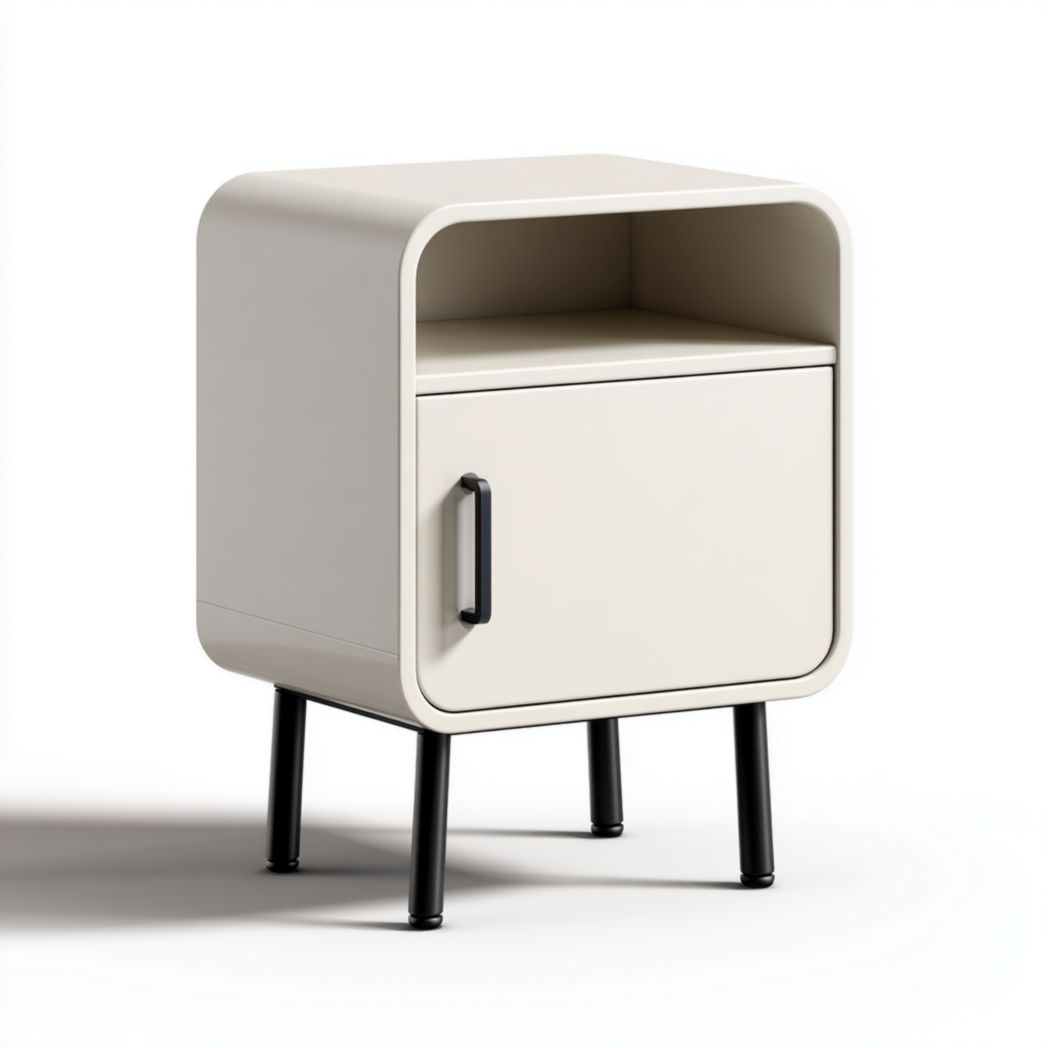 Table de chevet à porte unique couleur blanc cassé structure arrondie avec pieds métalliques noirs