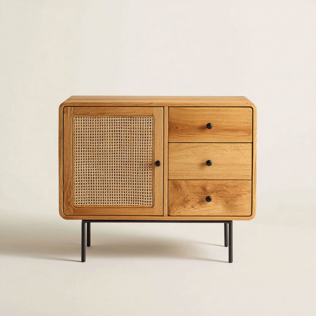 Commode à 3 tiroirs et 1 porte en rotin - Corps bois naturel et pieds noirs
