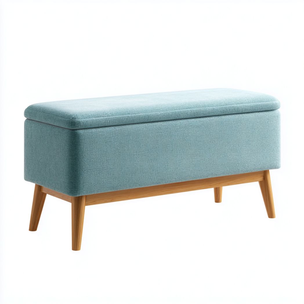 Banquette de rangement en tissu bleu clair, pieds coniques en bois naturel