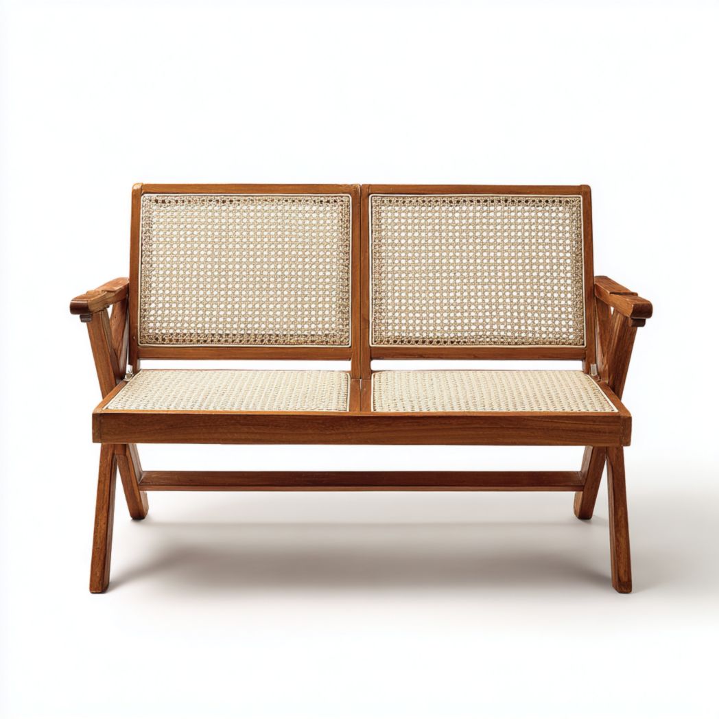 Banc en bois avec assise et dossier en rotin couleur bois naturel