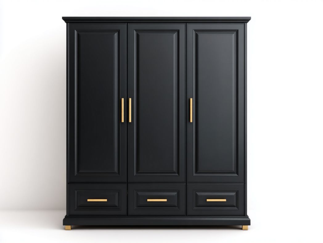 Armoire 3 portes 3 tiroirs - Panneaux MDF noir, poignées métal dorées