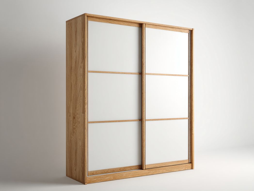 Armoire coulissante 2 portes - Structure en bois couleur naturelle et panneaux MDF blancs