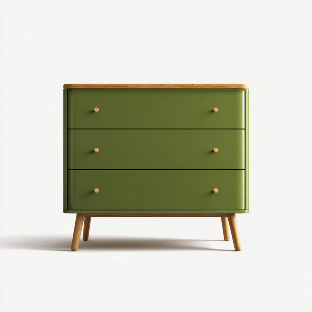 Commode vert 3 tiroirs - Dessus et pieds en bois naturel