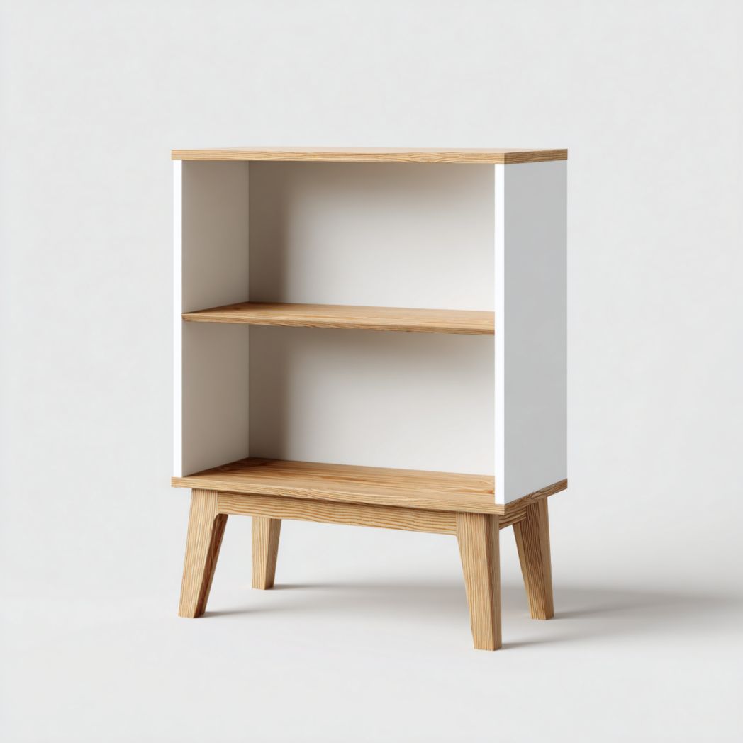 Bibliothèque à deux étagères avec pieds structure blanche tablettes et base bois naturel