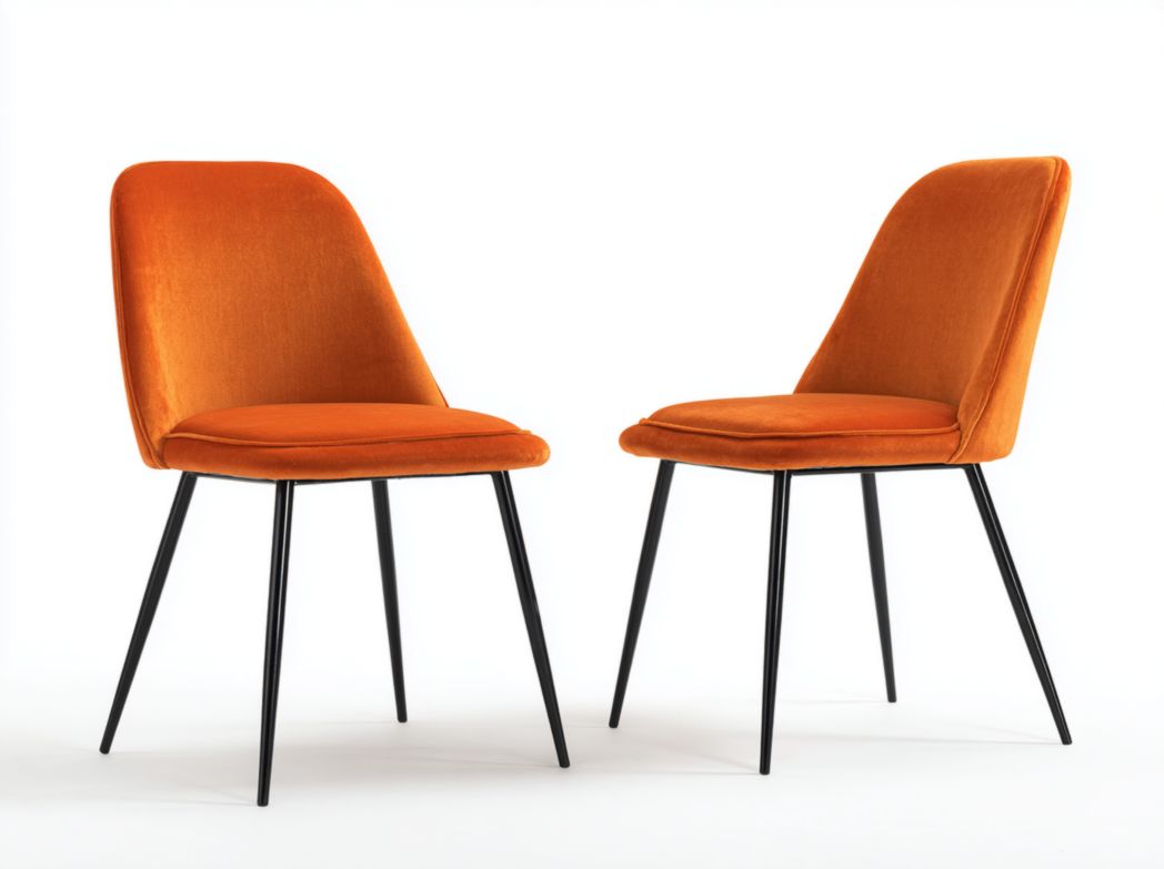 Lot de 2 chaises en velours orange, pieds coniques en métal noir