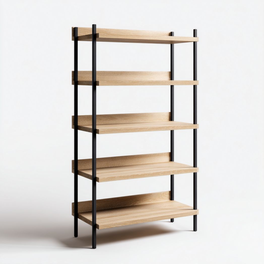 Bibliothèque ouverte à cinq étagères, chêne et structure métallique noire