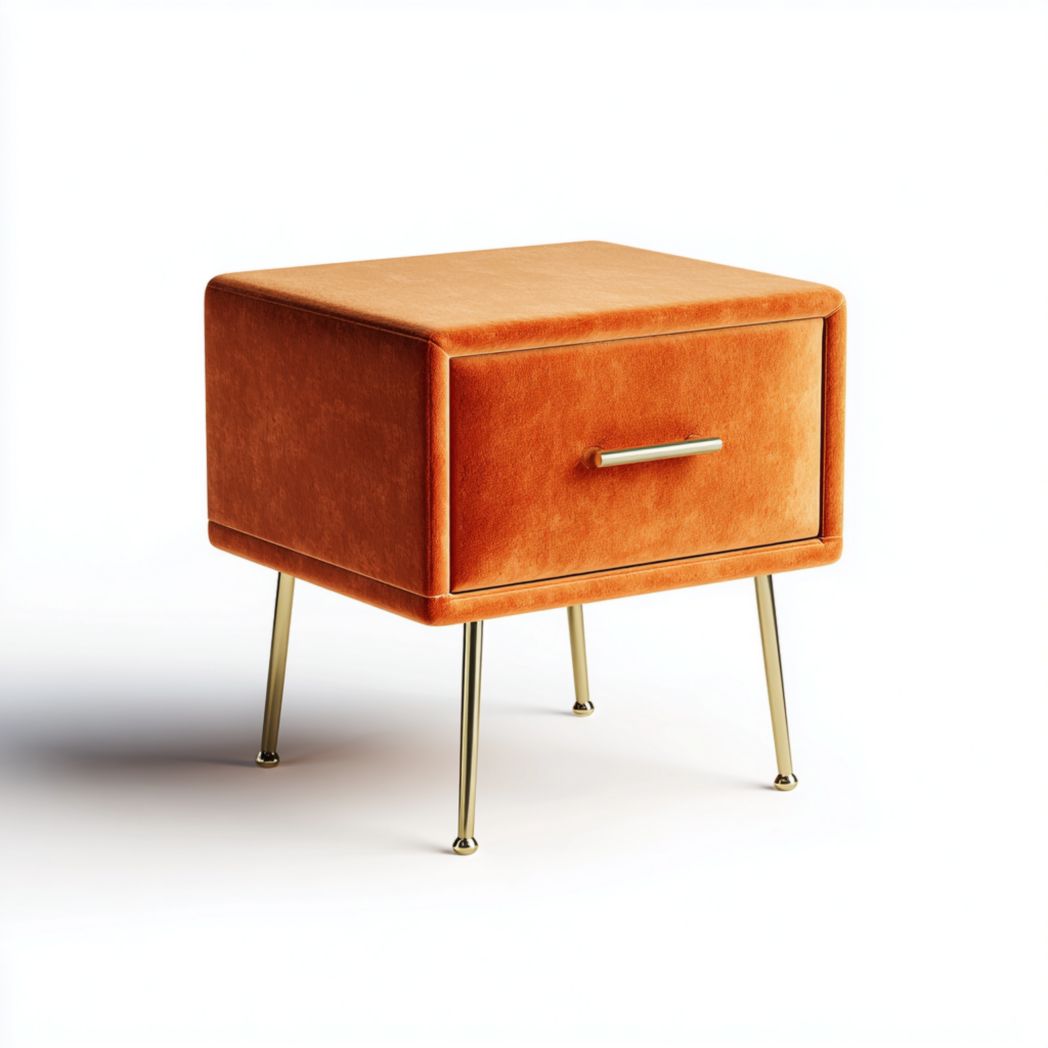 Table de chevet en velours côtelé orange avec pieds métalliques dorés