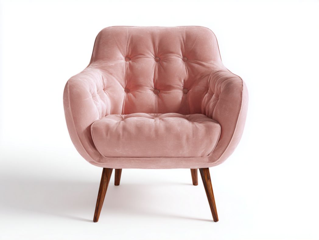 Fauteuil en velours rose, pieds en bois brun foncé