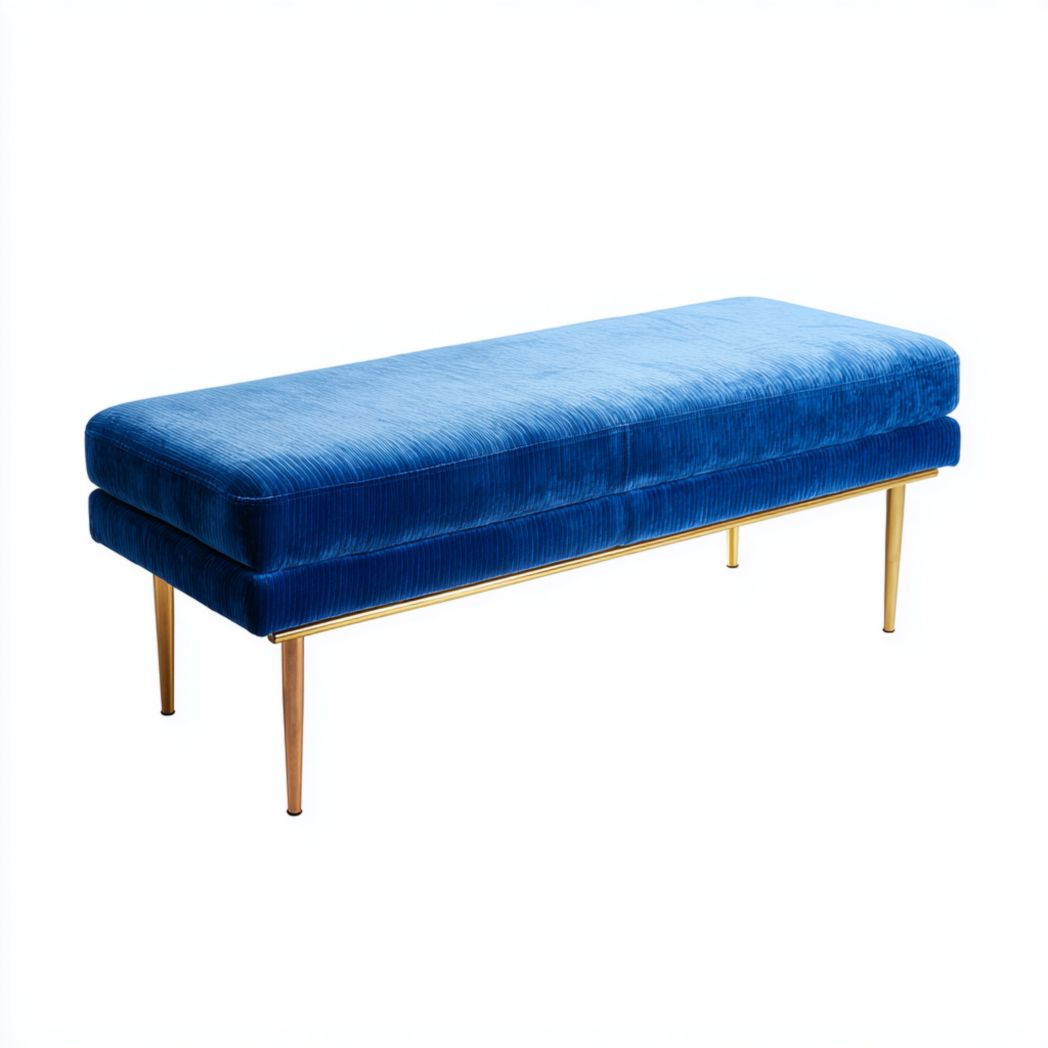 Banquette en velours côtelé bleu royal, pieds métalliques dorés