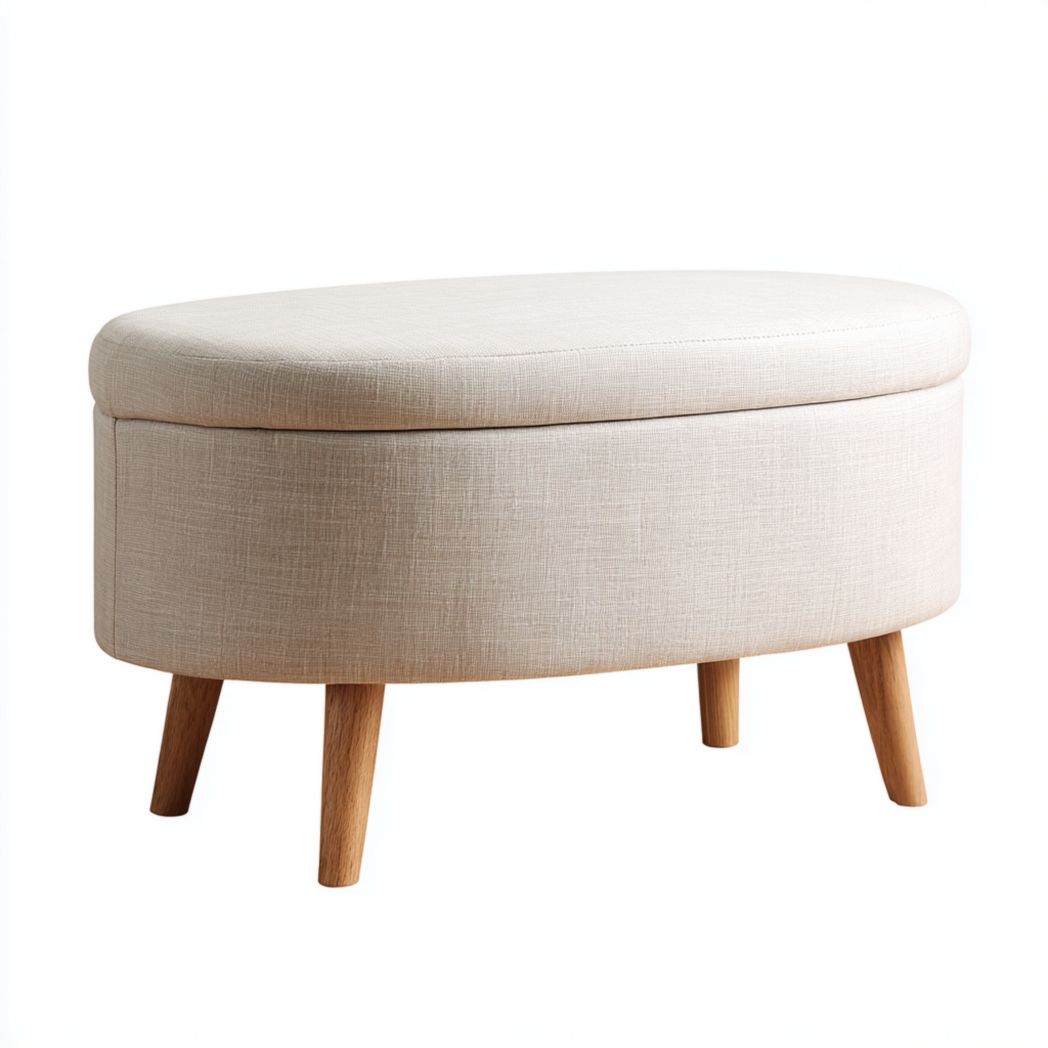 Banquette de rangement ovale en tissu beige - pieds coniques en bois naturel