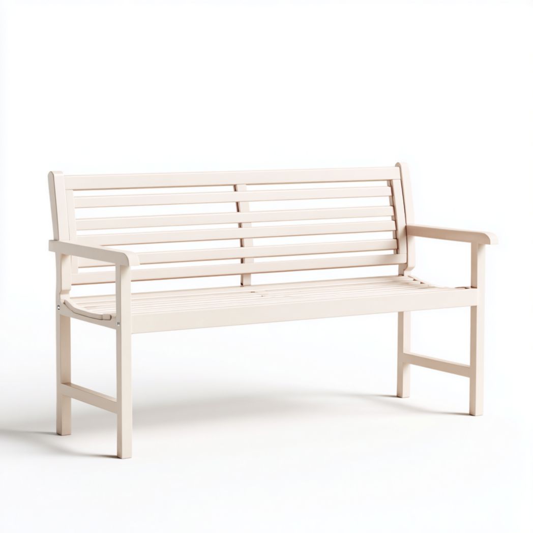 Banc de jardin à lattes en métal beige clair avec accoudoirs