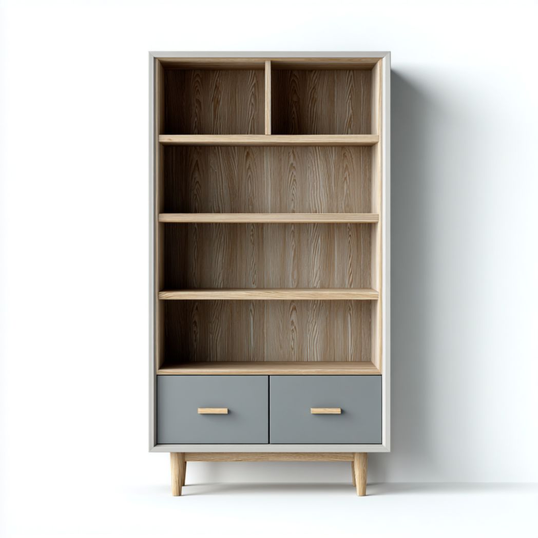 Bibliothèque à cinq étagères avec deux tiroirs, bleu gris et bois clair