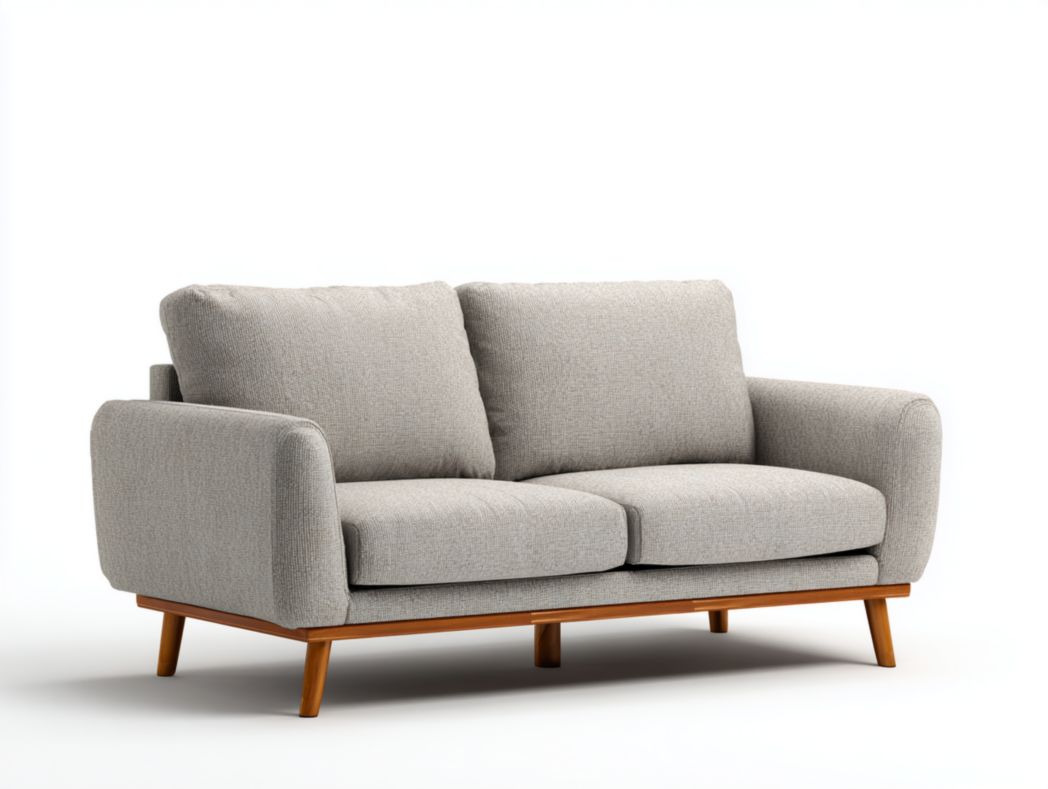 Canapé 2 places en tissu gris, pieds en bois couleur naturelle