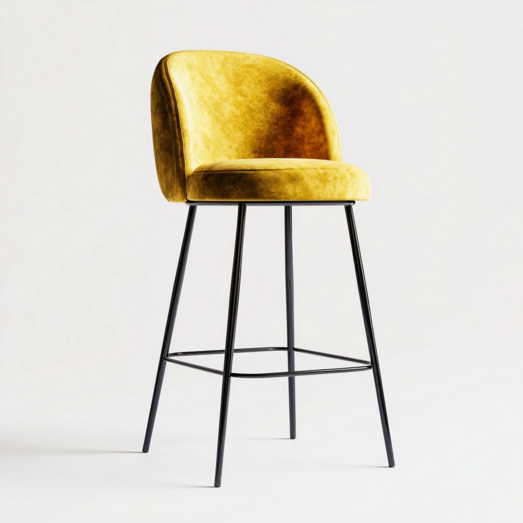 Tabouret de bar en velours jaune, structure en métal noir