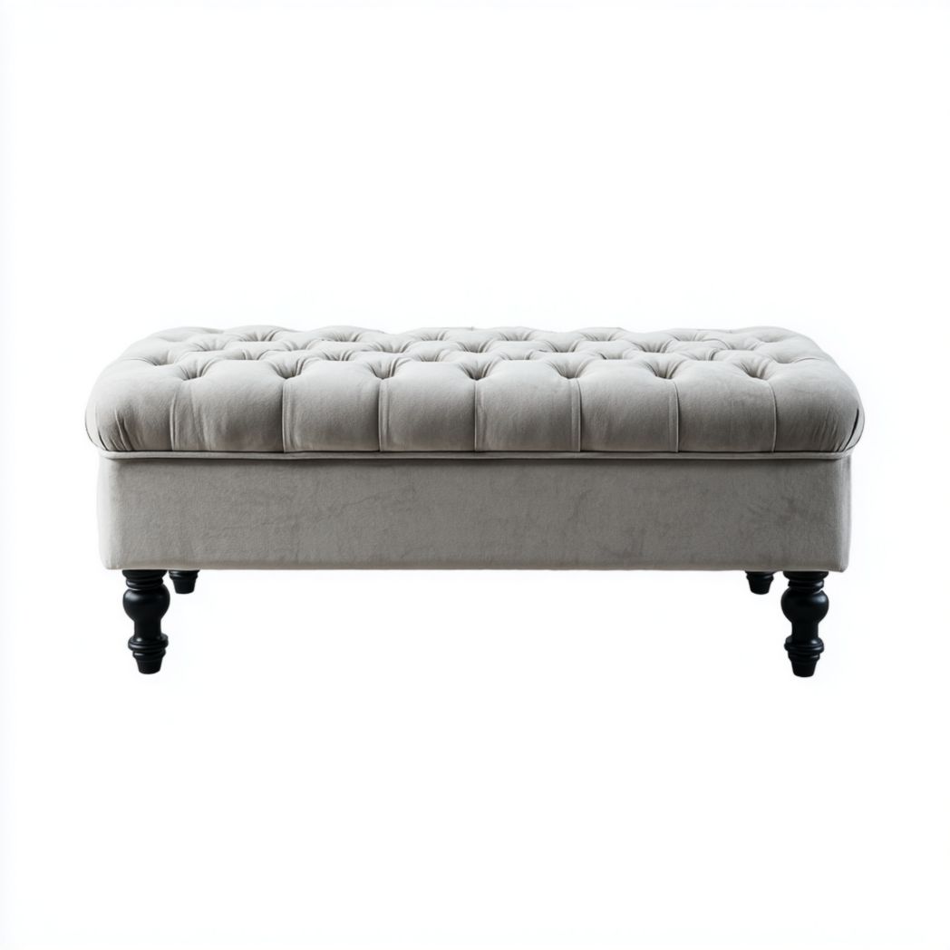 Banquette de rangement capitonnée en velours gris - pieds ronds en bois noir