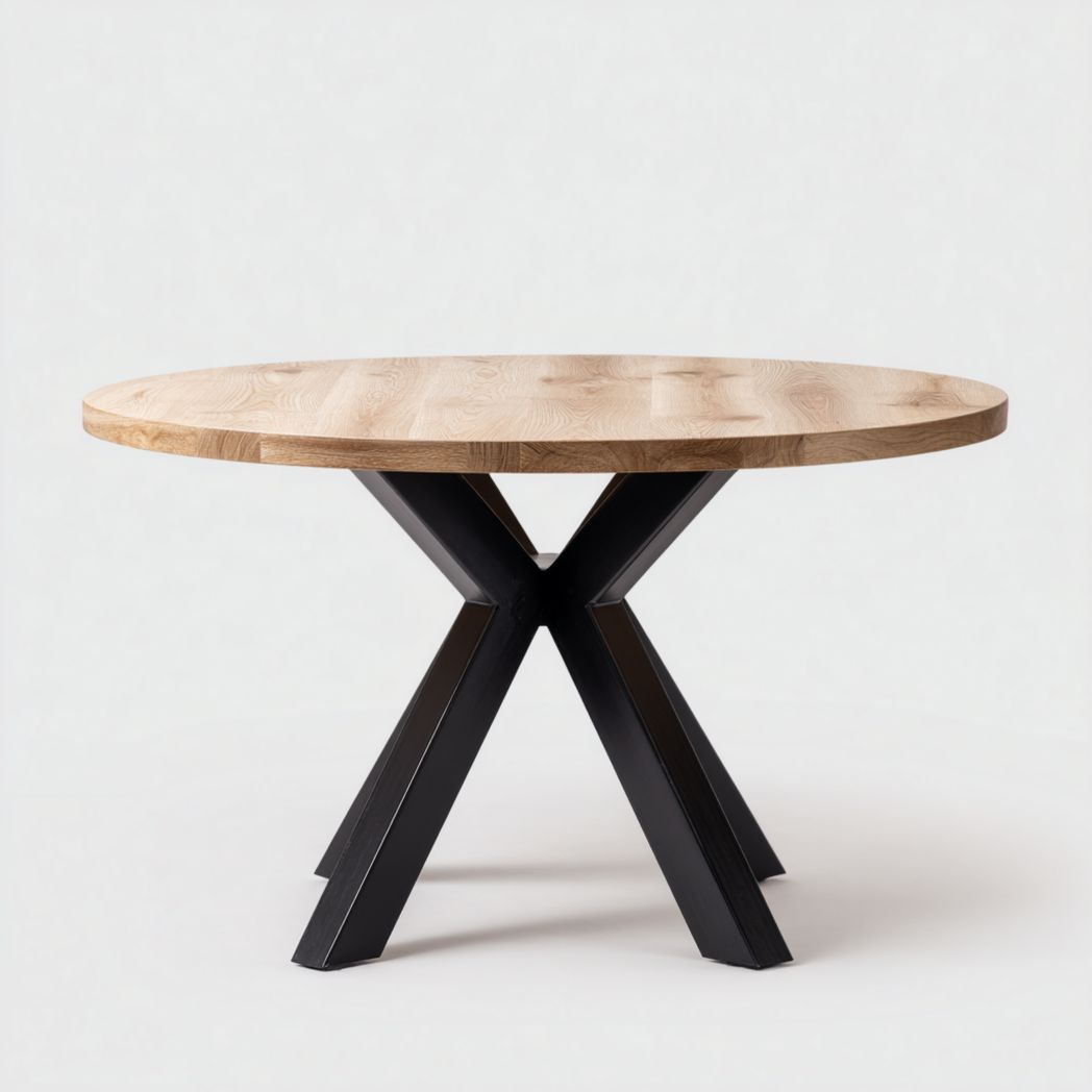 Table à manger ronde en bois massif couleur chêne, piètement en X métallique noir