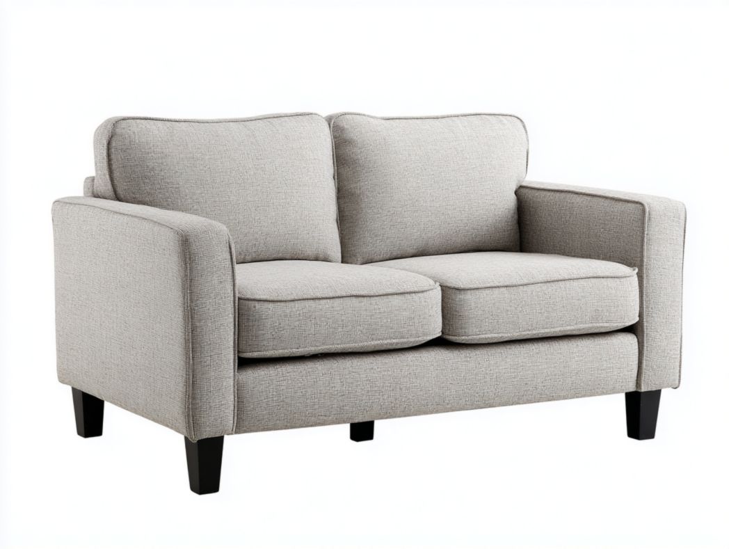 Canapé 2 places en tissu gris, pieds en bois noir