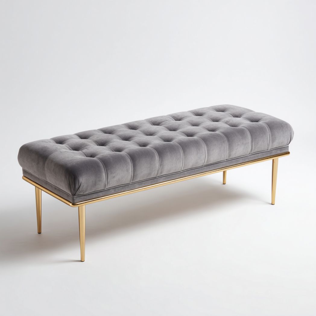 Banquette en velours gris, pieds métalliques dorés