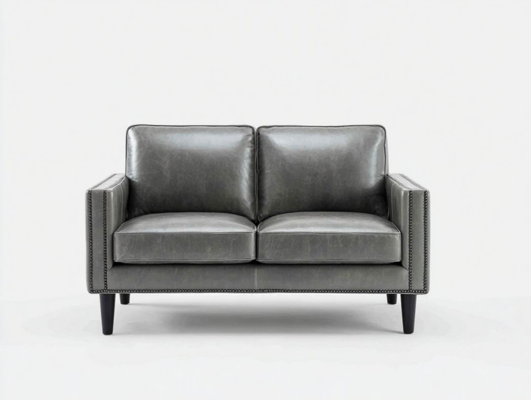 Canapé 2 places en similicuir gris foncé, pieds en bois noir