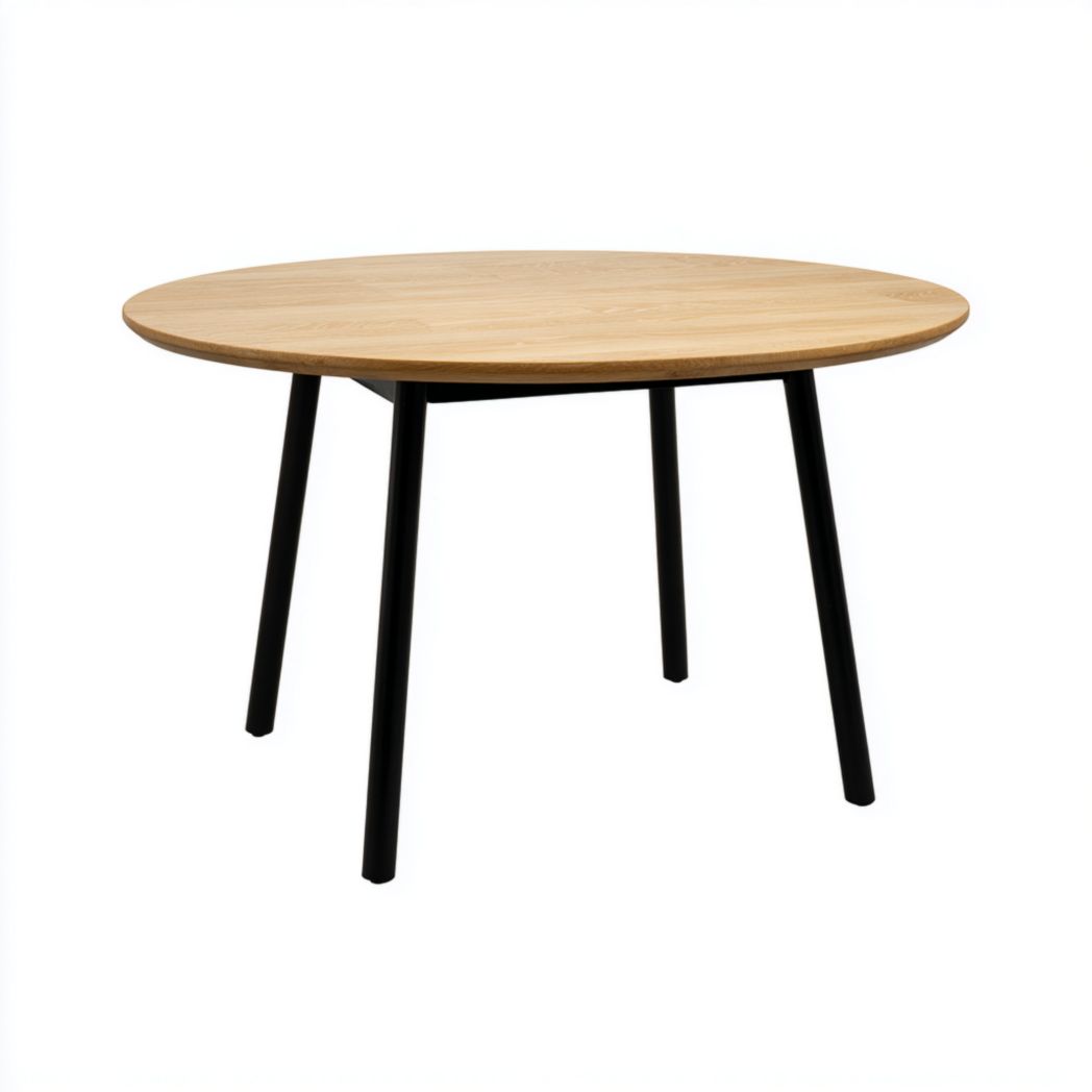 Table à manger ronde en bois brun clair avec pieds noirs