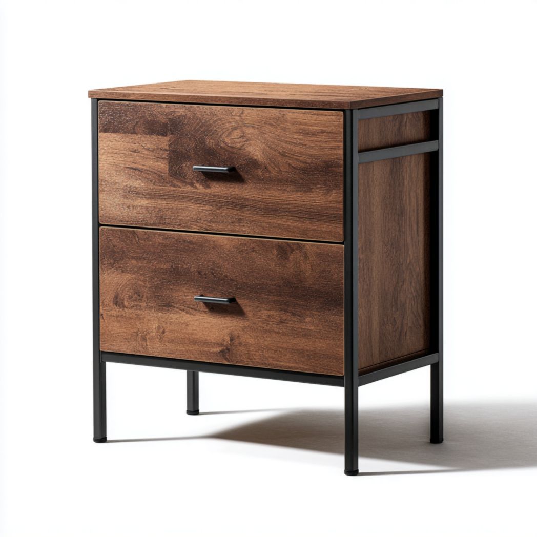 Meuble à chaussures en bois brun foncé avec cadre métallique noir