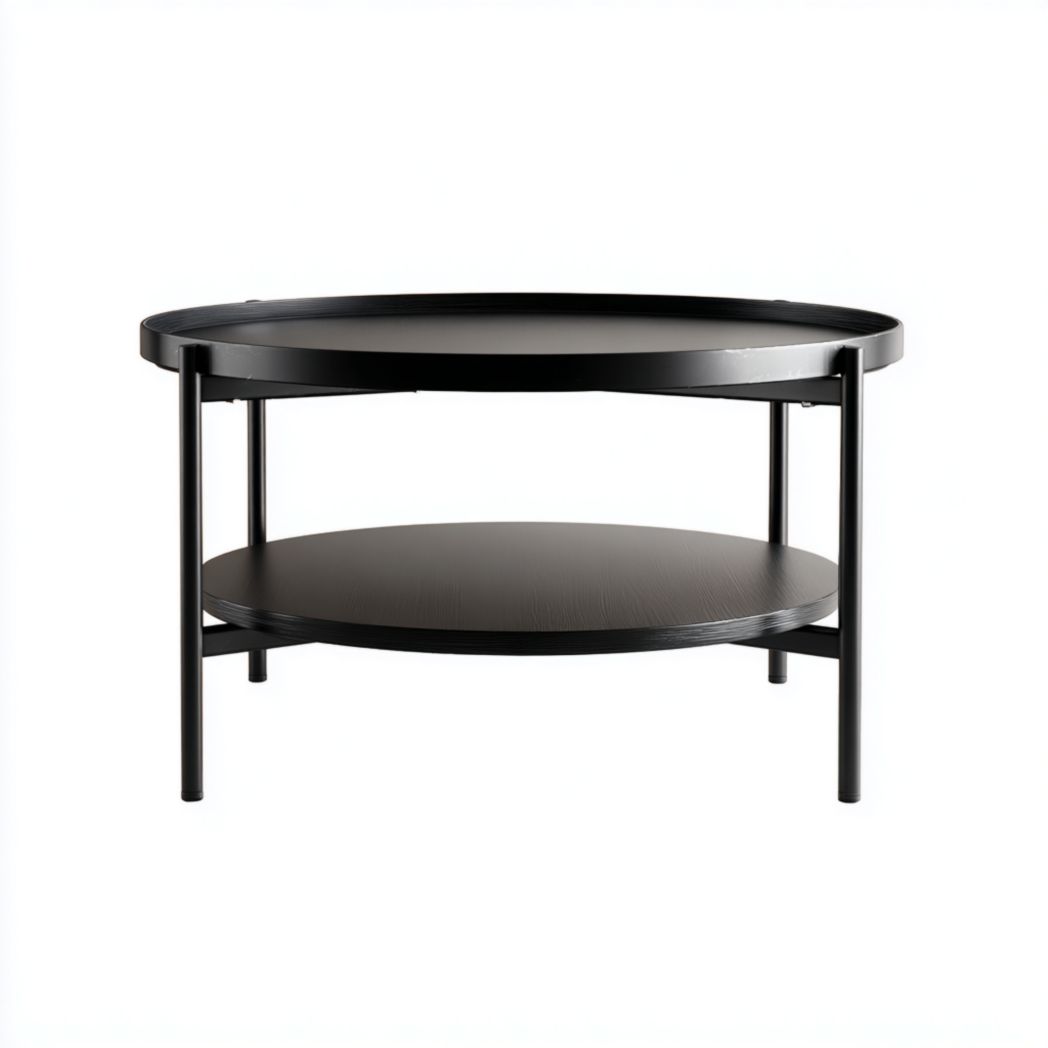 Table basse ronde à deux niveaux couleur noire, structure en métal