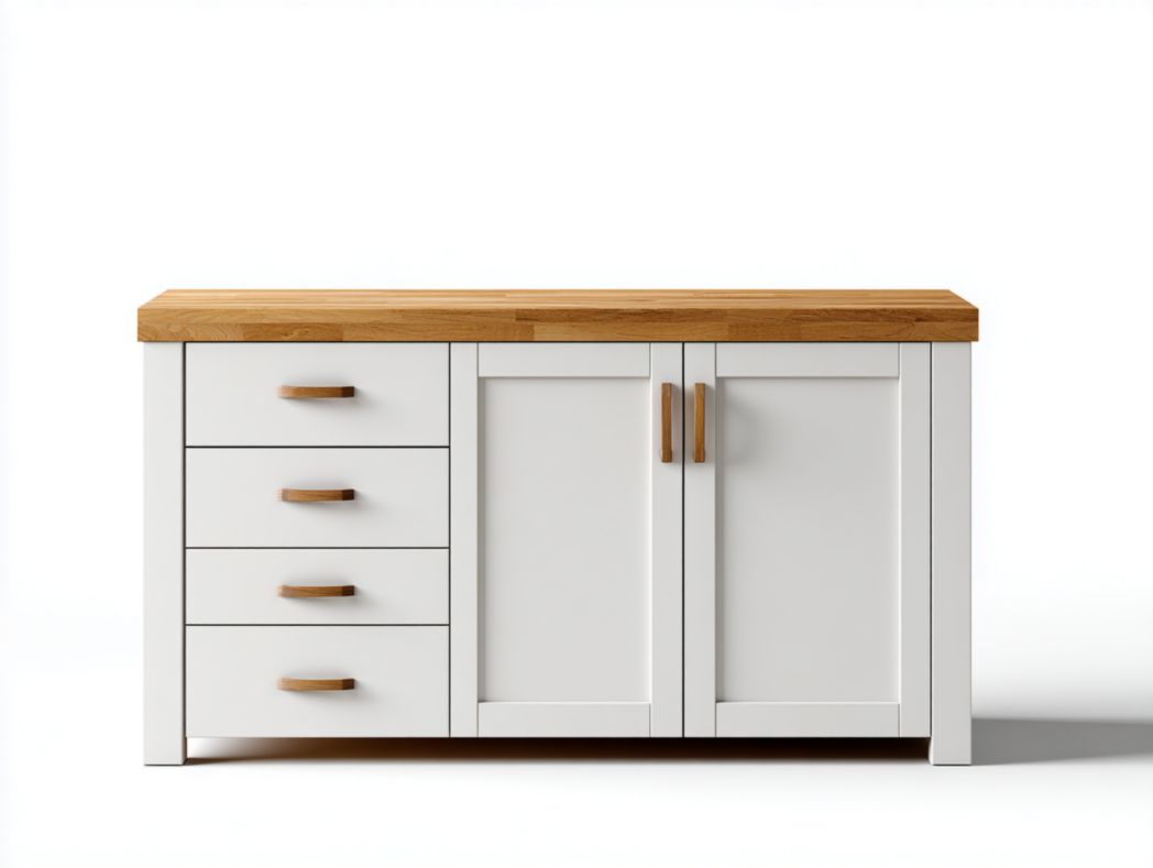 Buffet blanc avec plateau en bois brun clair et multiples tiroirs
