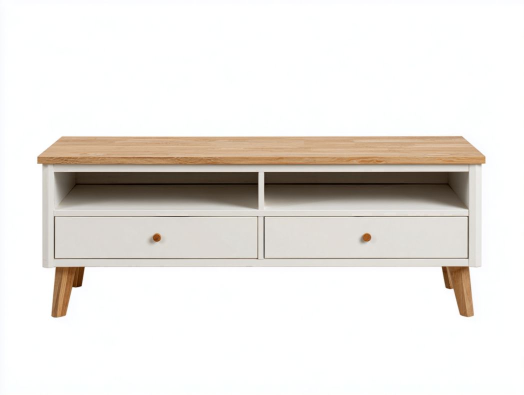 Meuble TV en bois blanc avec plateau brun clair et double tiroir