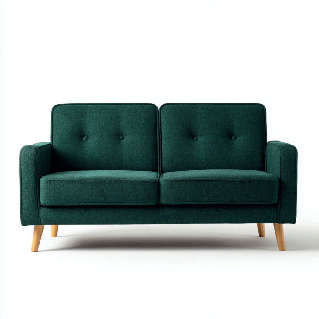 Canapé 2 places en tissu polyester vert foncé, pieds en bois brun clair