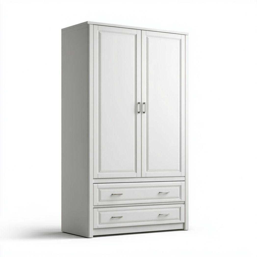 Armoire en bois blanche avec deux portes et deux tiroirs, poignées métalliques argentées