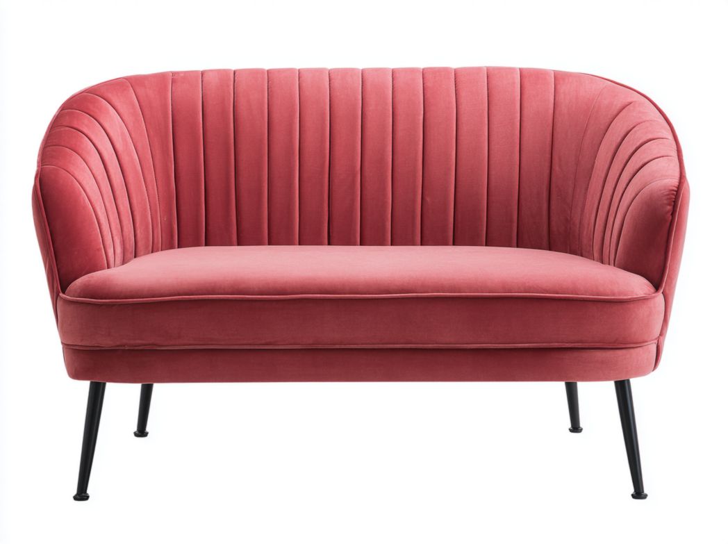 Canapé 2 places en velours rose framboise, pieds métalliques noirs