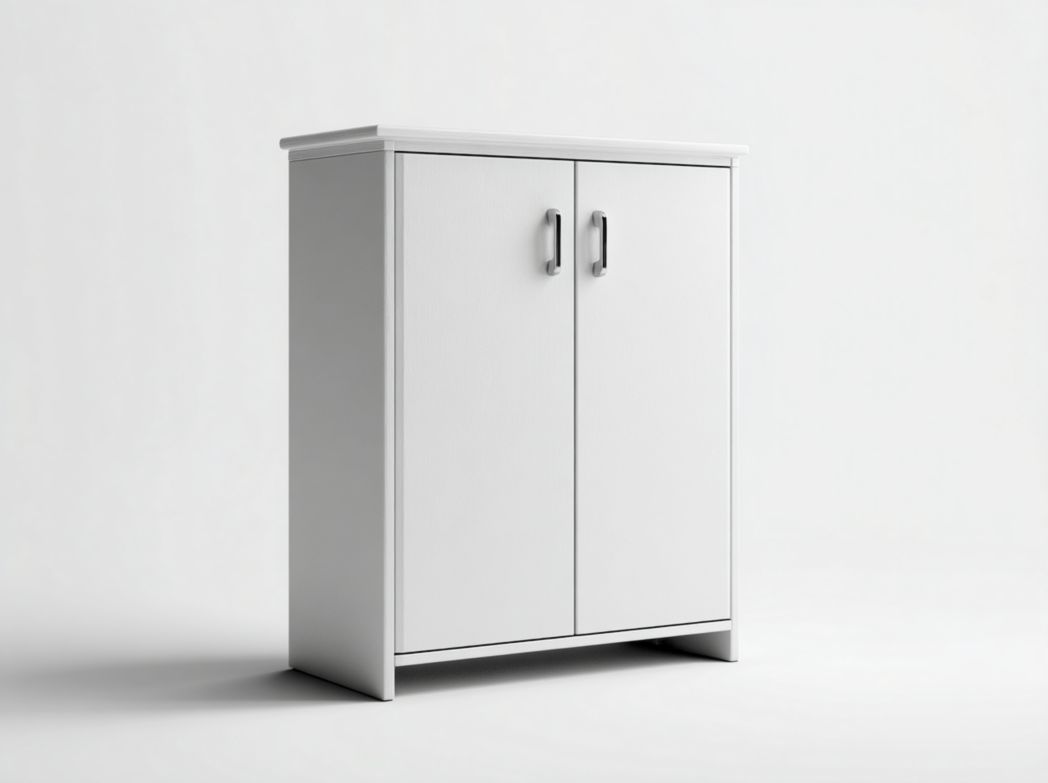 Meuble à chaussures en bois blanc avec deux portes et poignées métalliques argentées