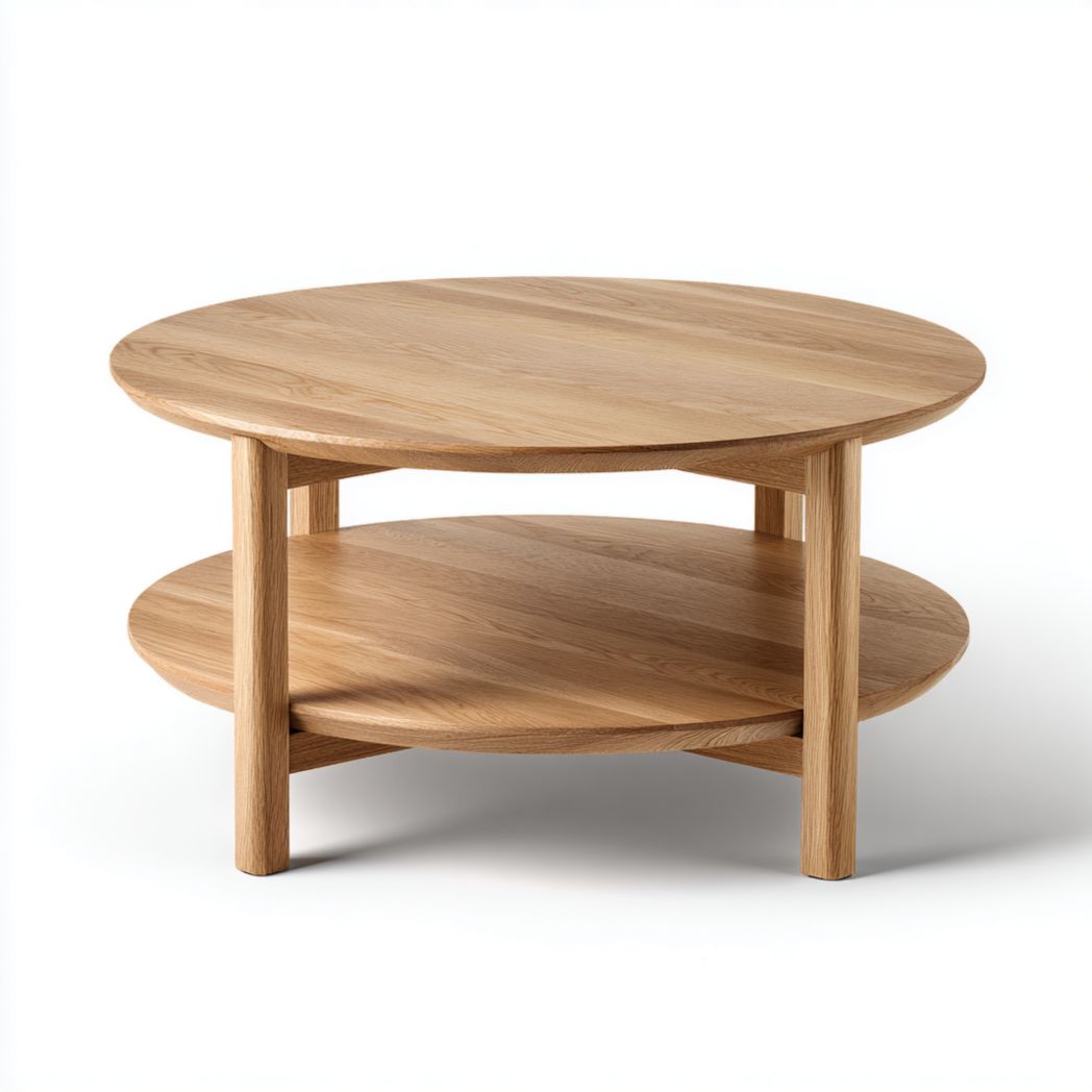 Table basse ronde à deux niveaux couleur brun clair, structure en bois