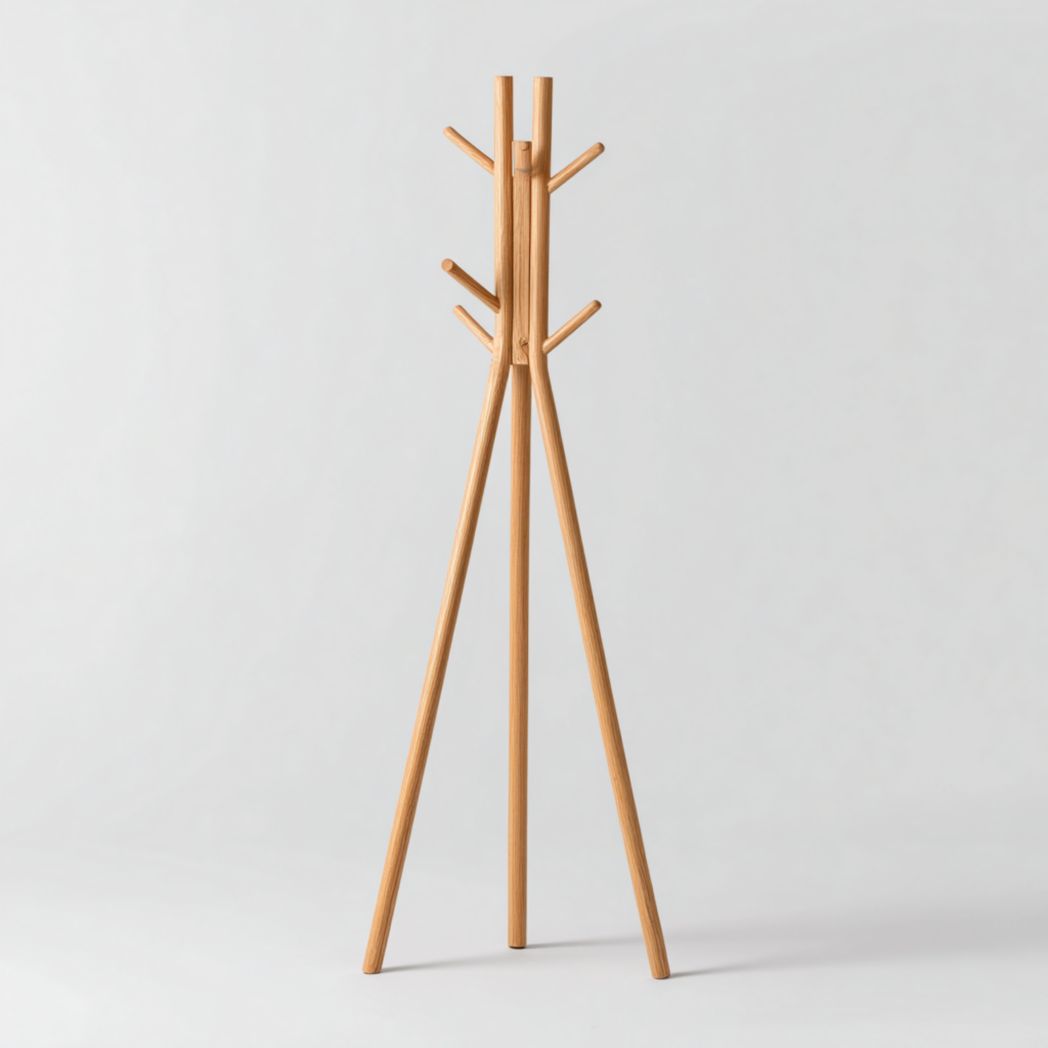 Portemanteau en bois massif brun clair avec crochets multiples