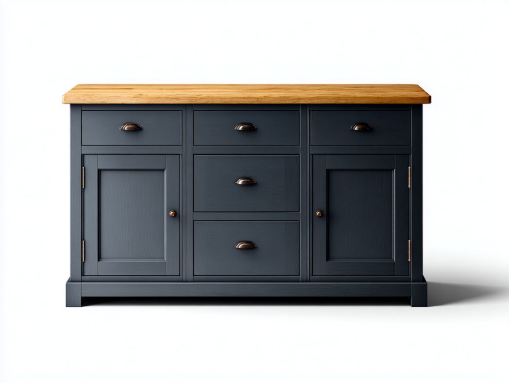 Buffet en bois bleu gris foncé avec plateau brun clair et poignées métalliques couleur cuivre