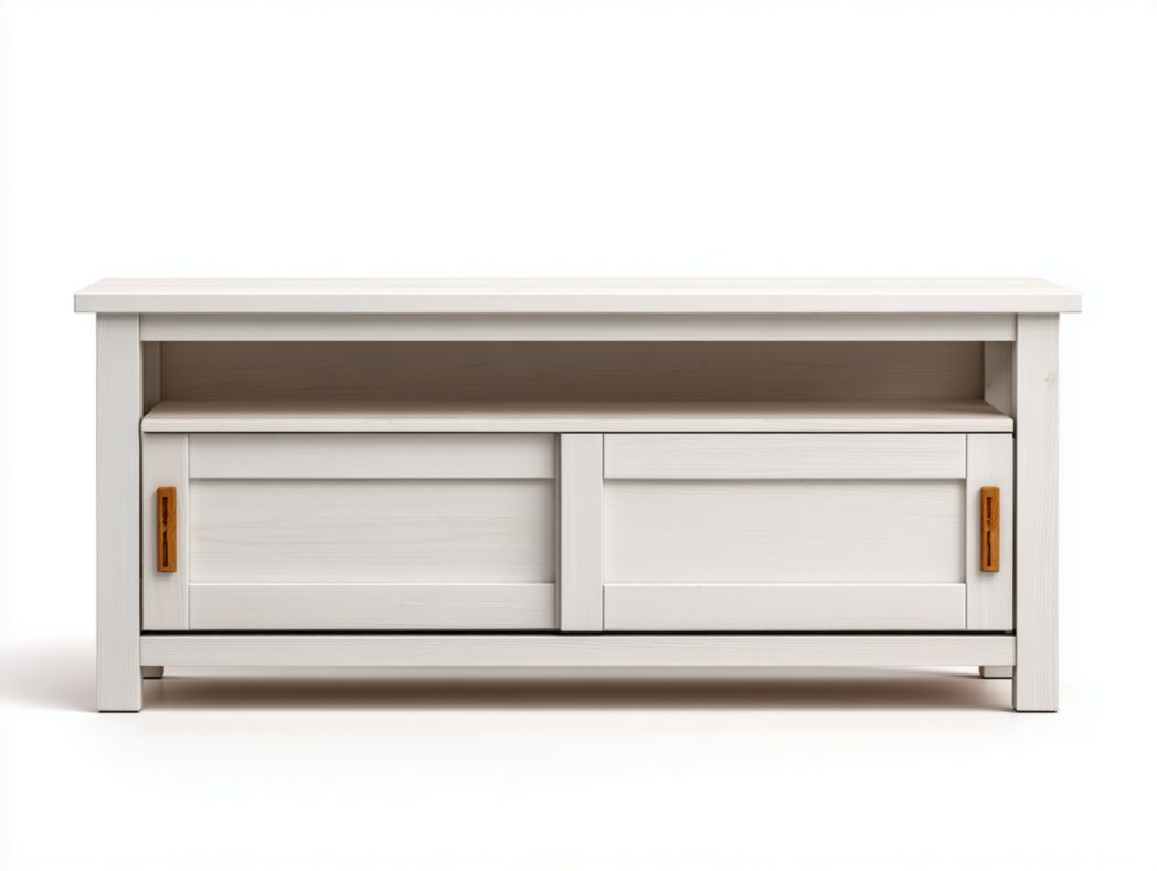 Meuble TV en bois blanc avec portes coulissantes, poignées brun clair