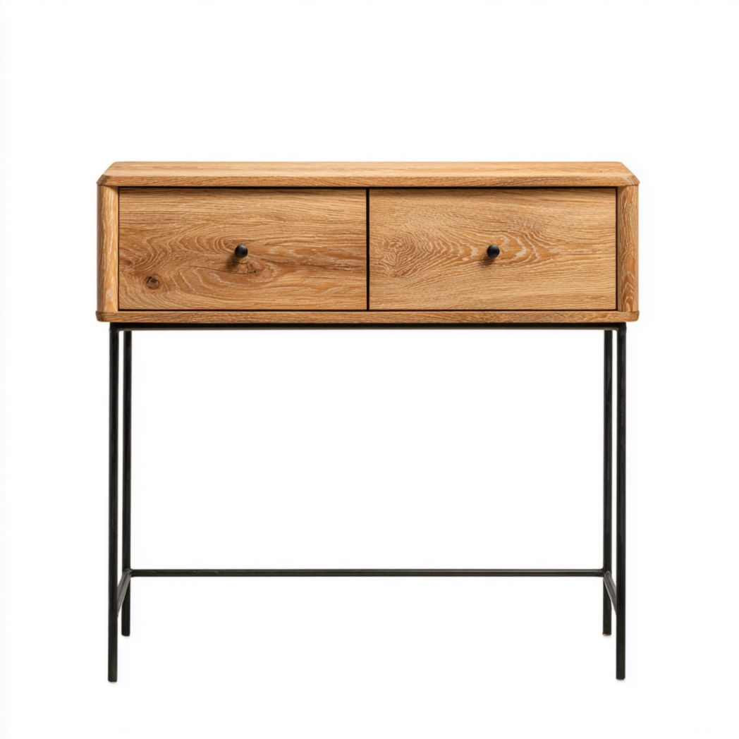 Console en bois brun clair avec deux tiroirs et structure métallique