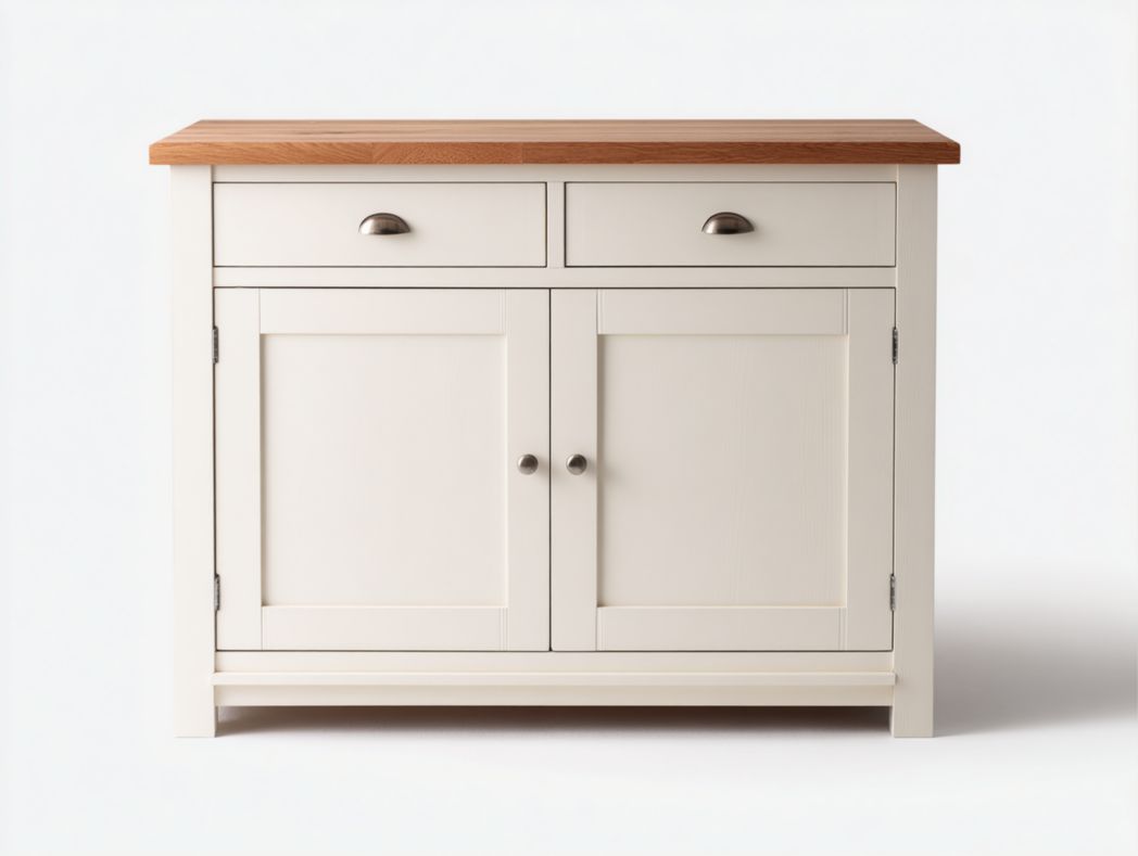 Buffet en bois blanc cassé avec plateau brun clair et poignées métalliques argentées