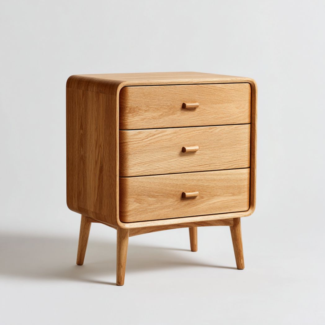 Commode en bois brun clair avec trois tiroirs