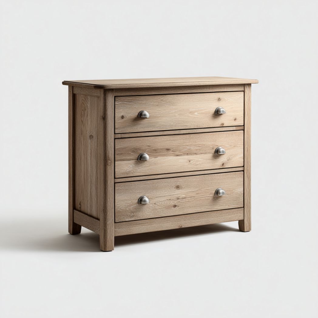 Commode en bois brun clair avec trois tiroirs et poignées métalliques argentées