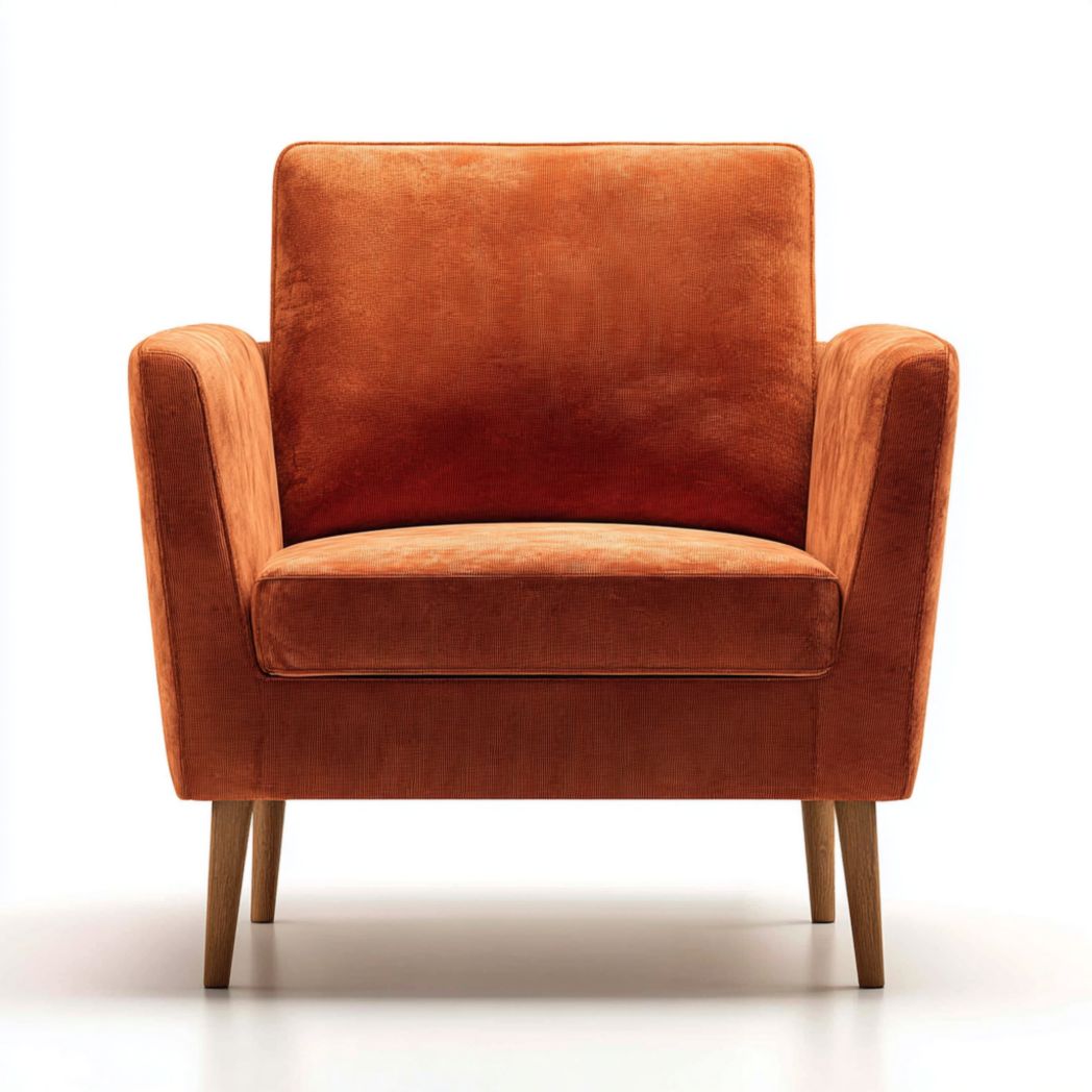 Fauteuil en tissu velours côtelé orange, pieds en bois brun clair