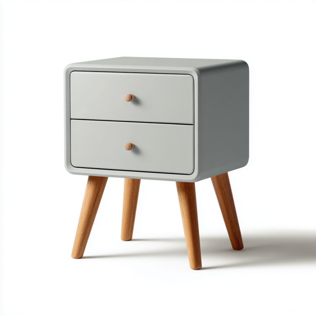 Table de chevet en bois gris clair avec deux tiroirs et pieds brun clair