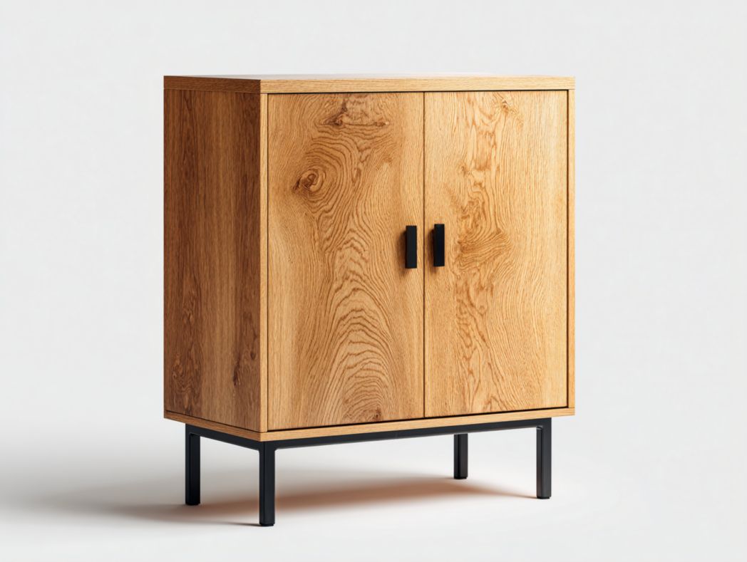 Meuble à chaussures en bois brun clair avec deux portes et pieds métalliques noirs