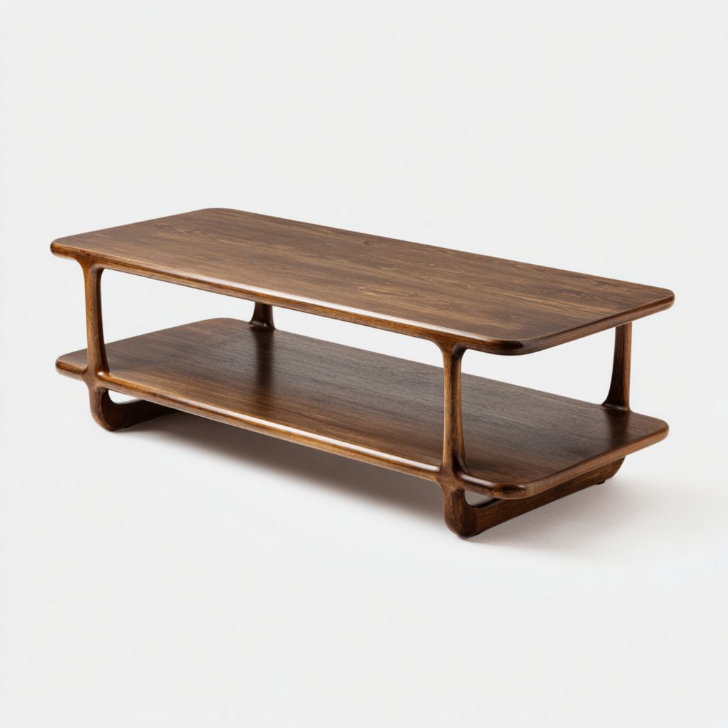 Table basse rectangulaire à deux niveaux couleur marron foncé, structure en bois