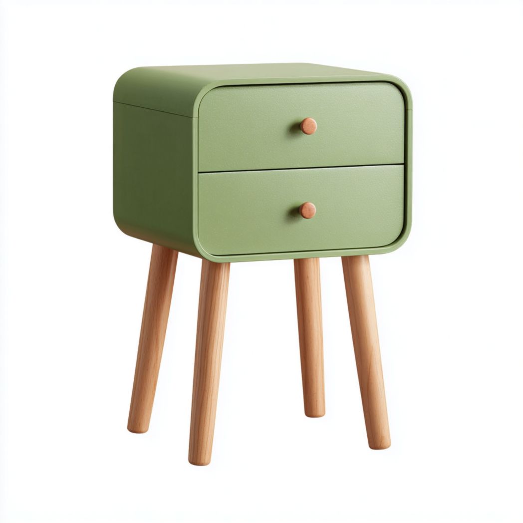 Table de chevet en bois vert avec deux tiroirs et pieds brun clair