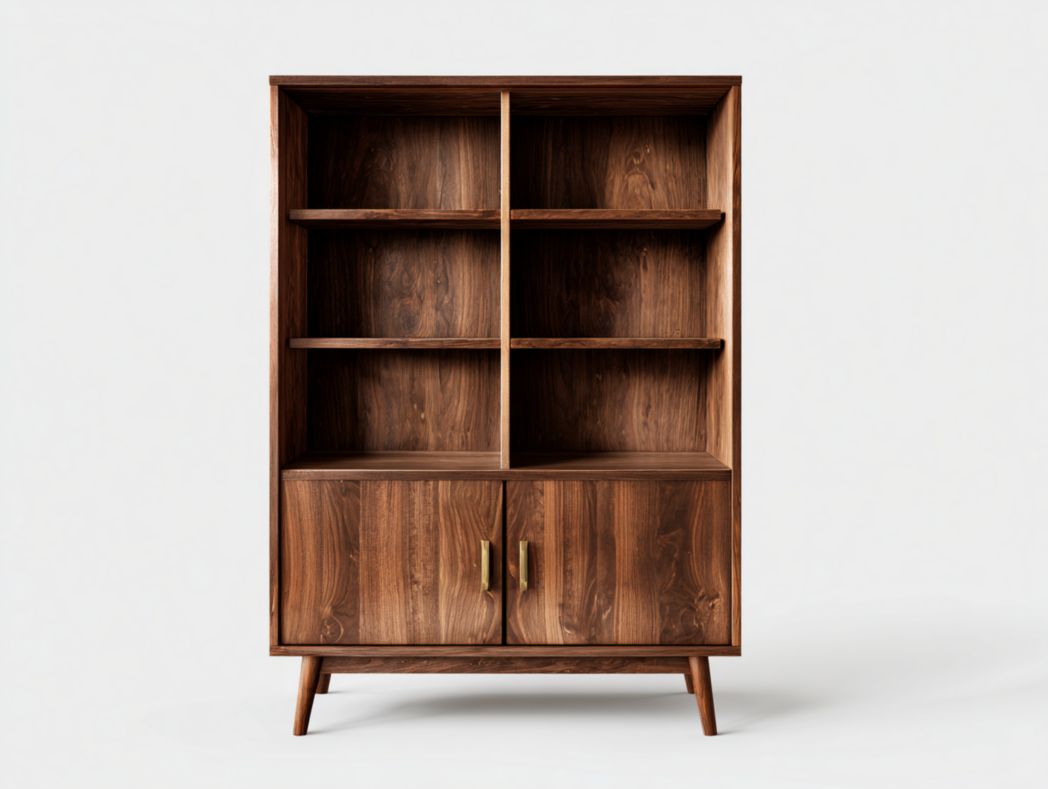 Bibliothèque en bois brun foncé à six compartiments avec deux portes