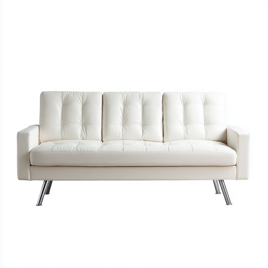 Canapé 3 places en similicuir blanc cassé, pieds métalliques chromés argentés